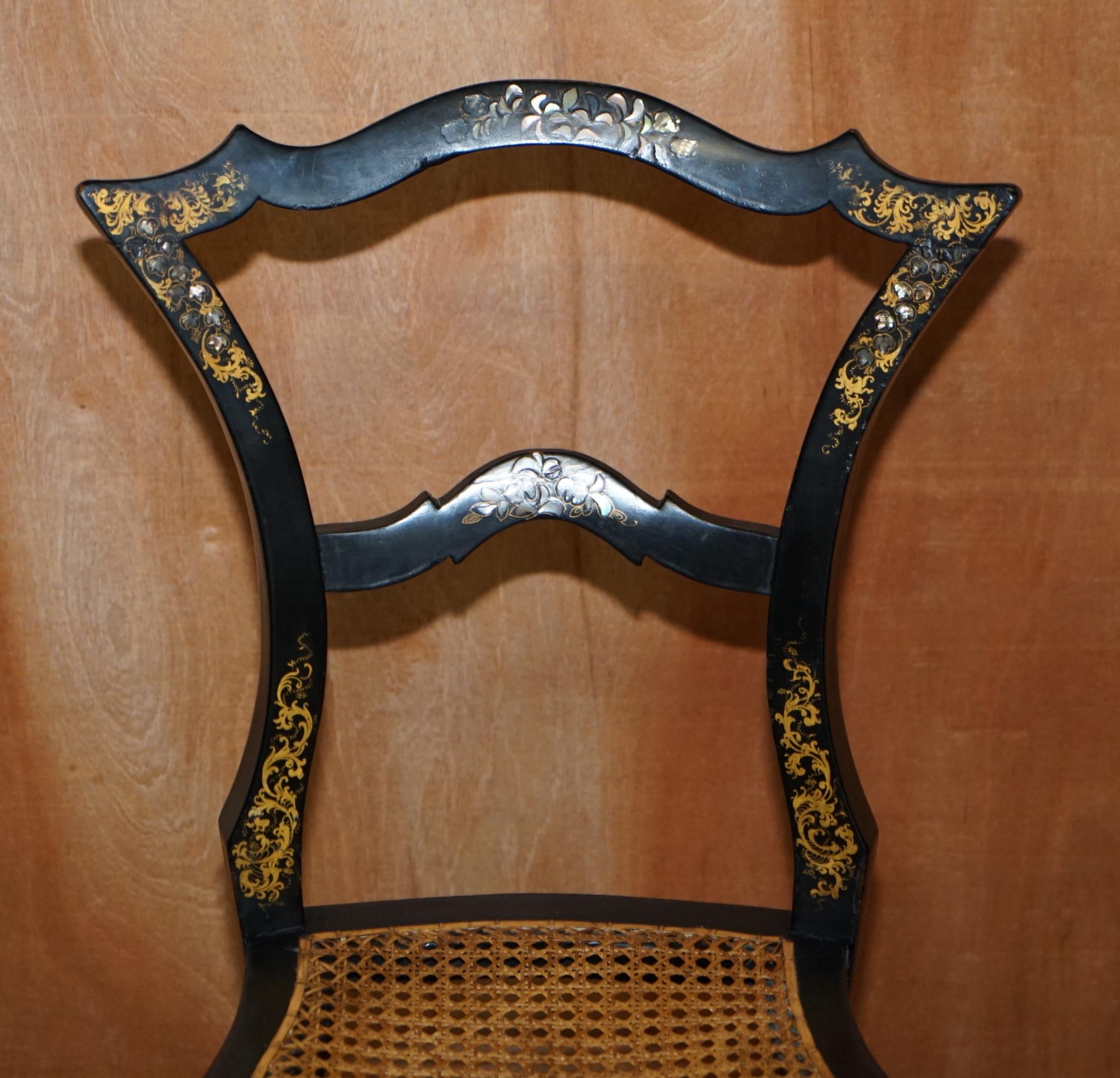 Wood Four Antique Regency Bergere Mother of Pearl Ebonised Side Occasional Chairs For Sale