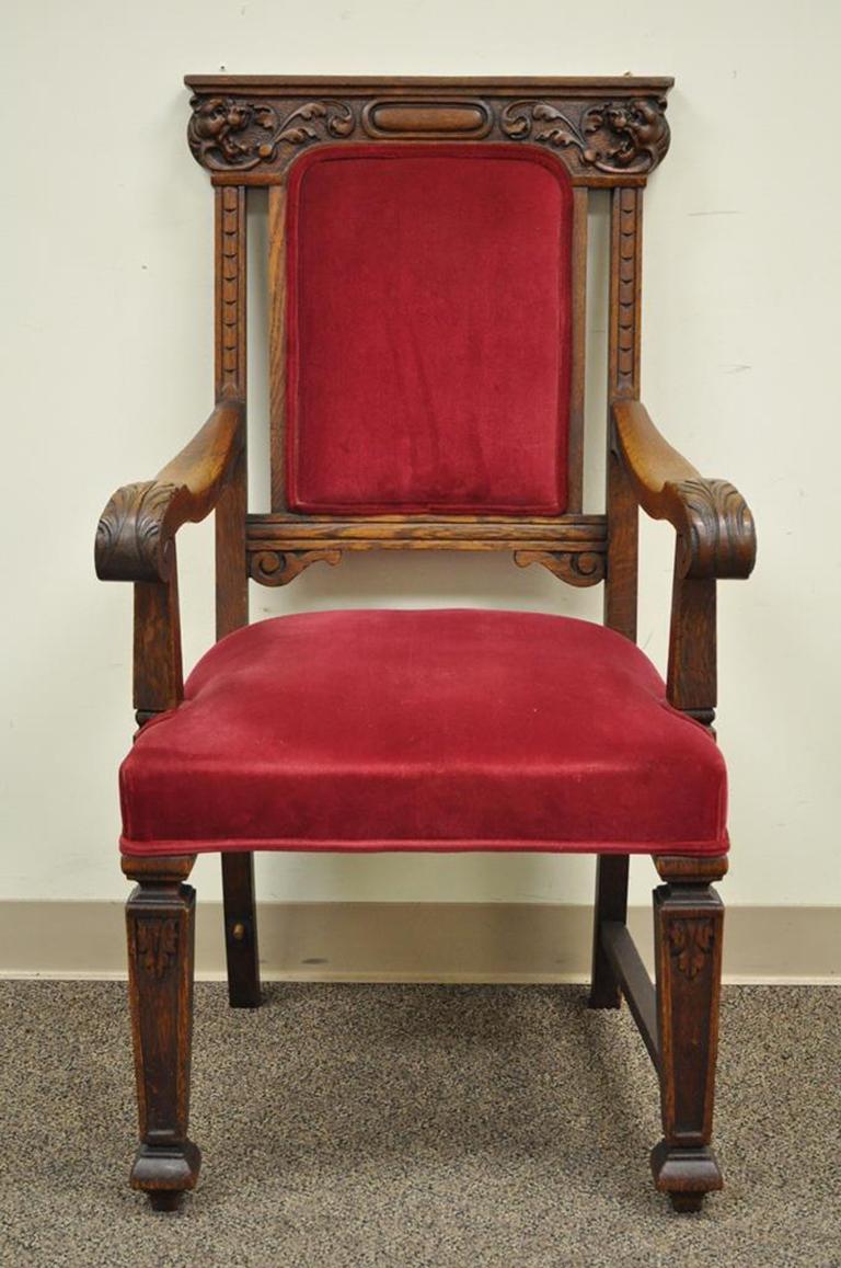 Four Antique Renaissance Revival Figural Lion Carved Oak Side Arm Dining Chairs For Sale 5