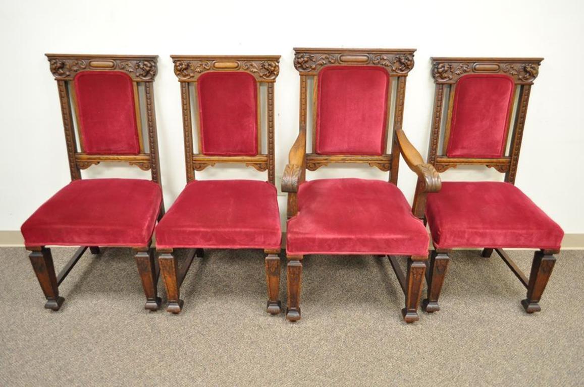 Four Antique Renaissance Revival Figural Lion Carved Oak Side Arm Dining Chairs For Sale 7