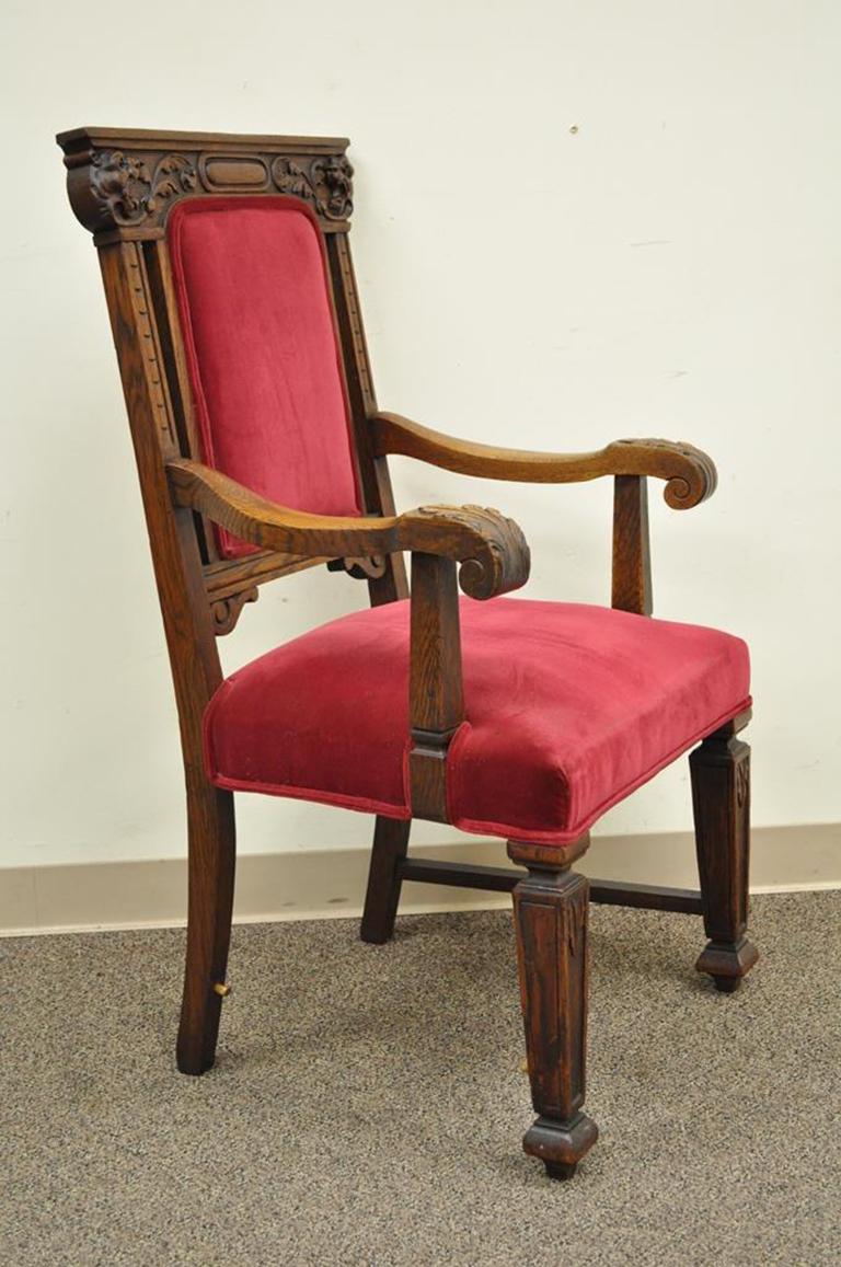 20th Century Four Antique Renaissance Revival Figural Lion Carved Oak Side Arm Dining Chairs For Sale