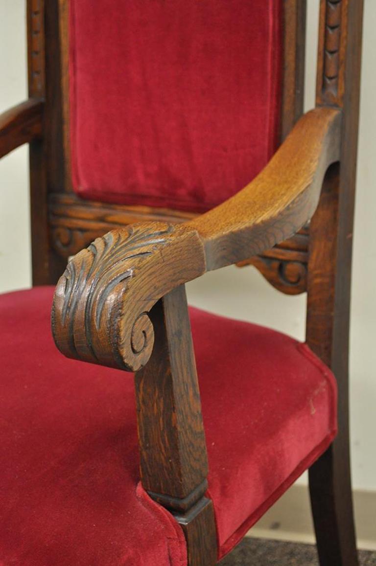 Four Antique Renaissance Revival Figural Lion Carved Oak Side Arm Dining Chairs For Sale 1