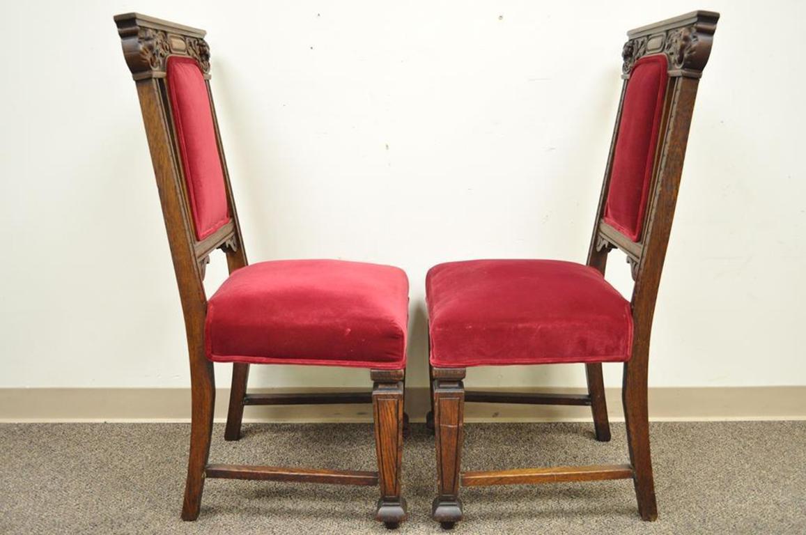 Four Antique Renaissance Revival Figural Lion Carved Oak Side Arm Dining Chairs For Sale 2