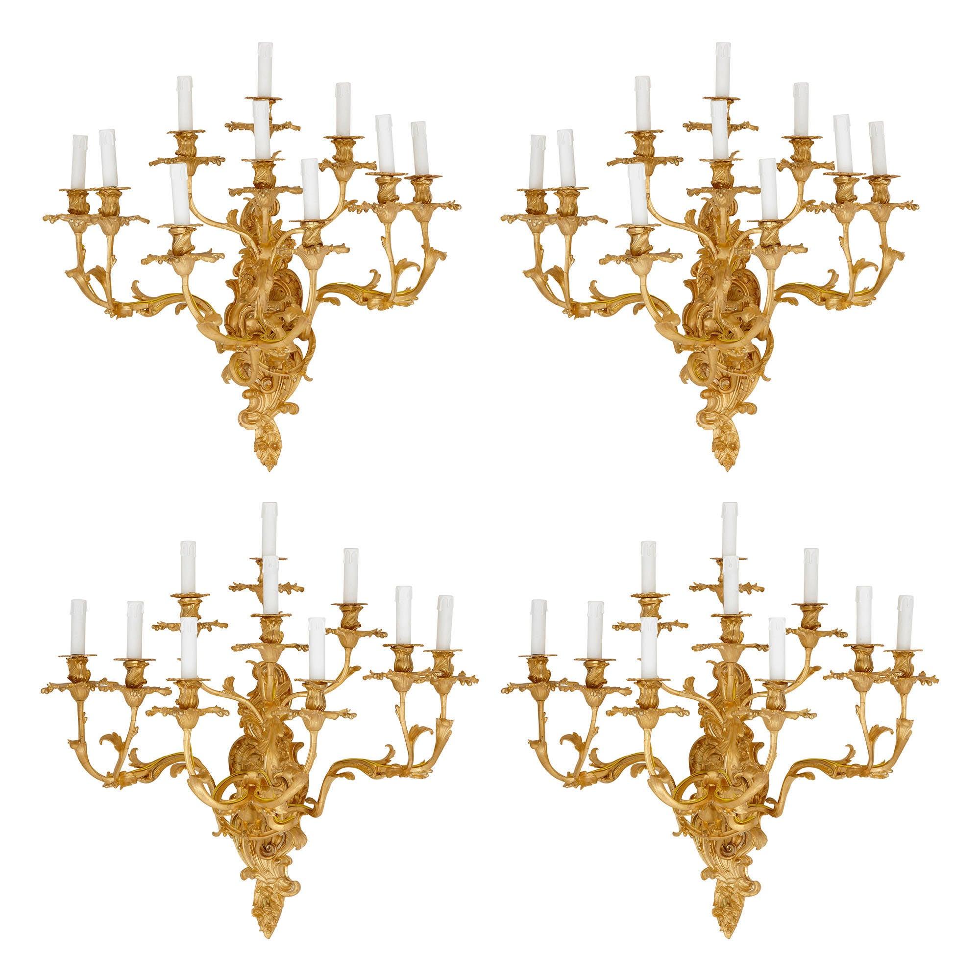 Four Antique Rococo Style Gilt Bronze Wall Sconces For Sale