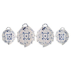 Four Antique Royal Copenhagen Blue Fluted Plain Leaf-Shaped Dishes with Handles