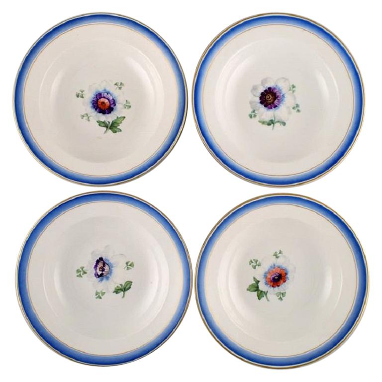 Four Antique Royal Copenhagen Deep Plates in Hand Painted Porcelain For Sale