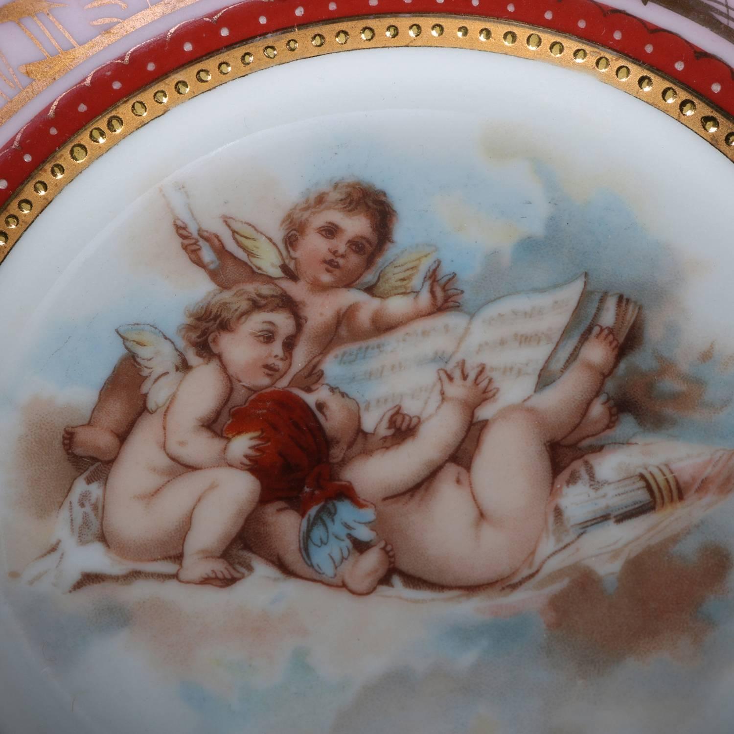 Four antique hand-painted plates by Royal Vienna feature central Classical cherub scenes, borders with reserves of marsh scenes with herons and grasses including cattails, en verso blue shield or beehive mark, circa 1880

Measure: 1