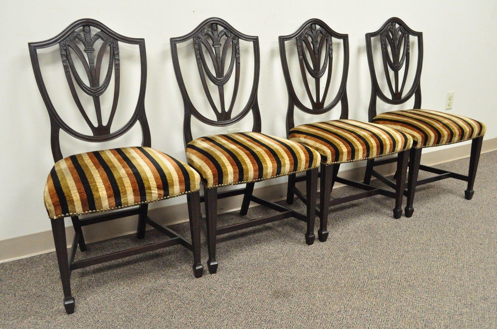 Four Antique Sheraton Shield Back Plume Drape Carved Mahogany Dining Side Chairs 5