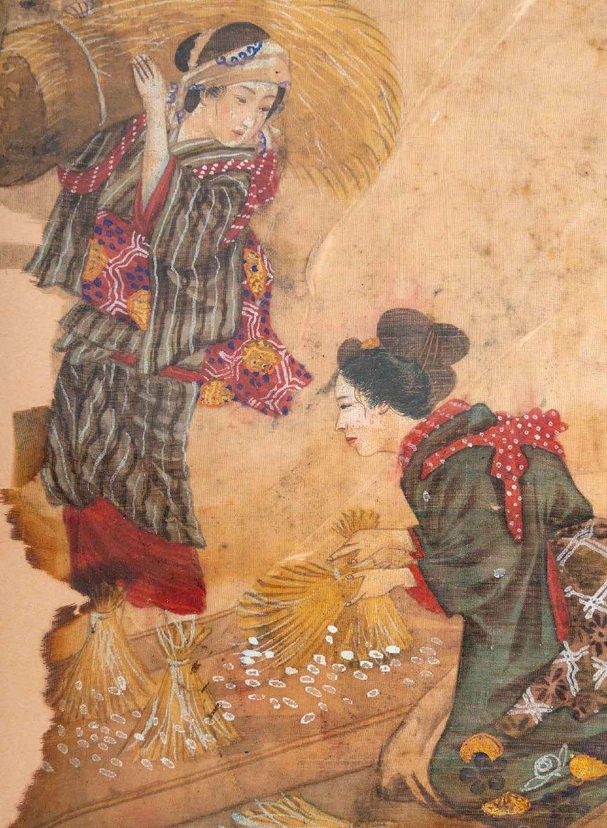 Quatre peintures anciennes sur soie montrant les étapes de la fabrication du coton, Japon, XVIIIe siècle.
Mesures : H : 26,5 cm, L : 22 cm.