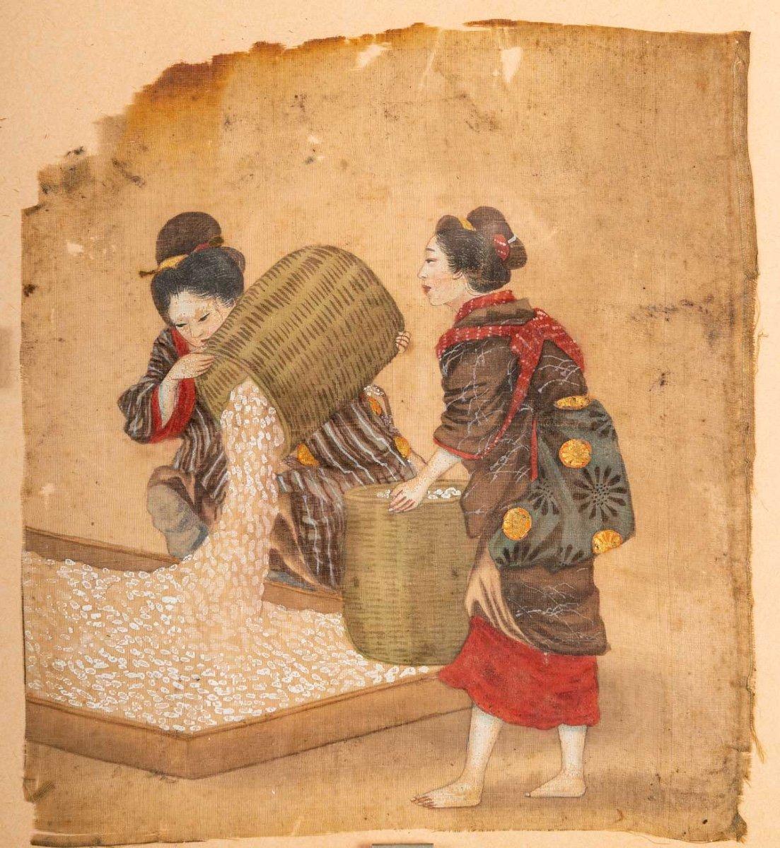 Japanese Four Antique Silk Paintings, Japan, 18th Century