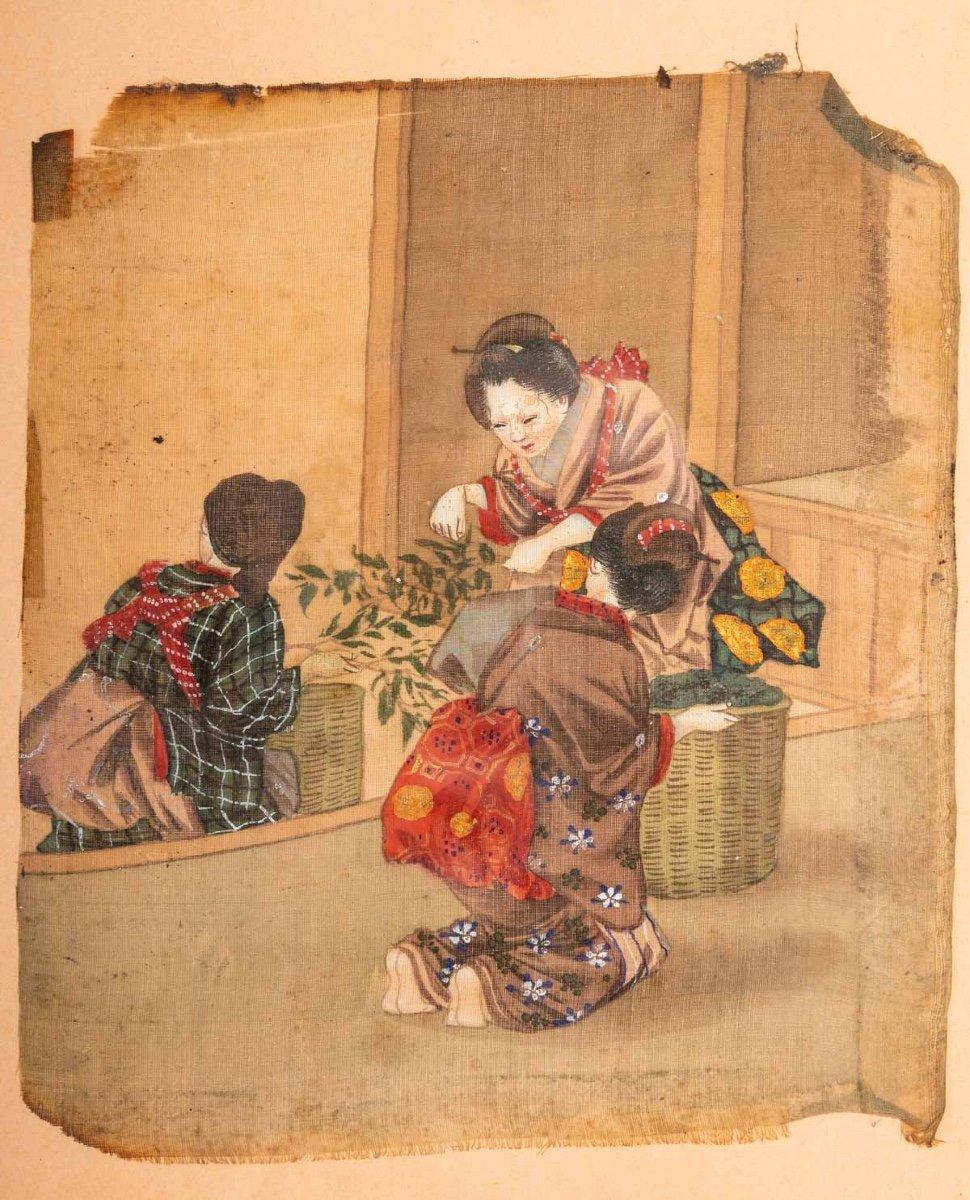 Japonais Quatre peintures en soie anciennes, Japon, 18ème siècle