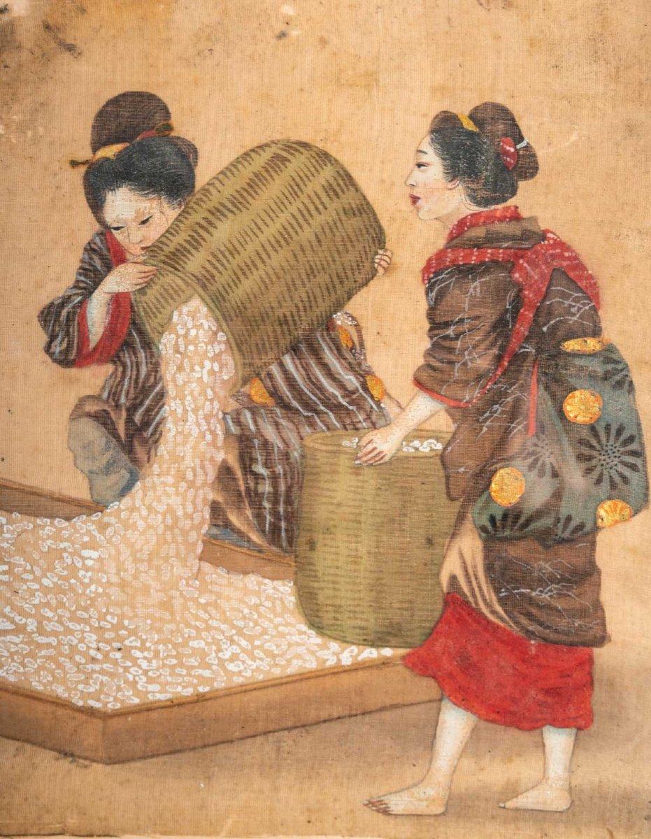 Soie Quatre peintures en soie anciennes, Japon, 18ème siècle