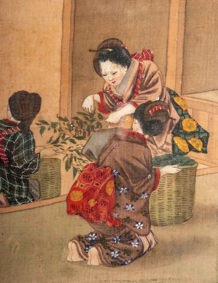 Quatre peintures en soie anciennes, Japon, 18ème siècle 1