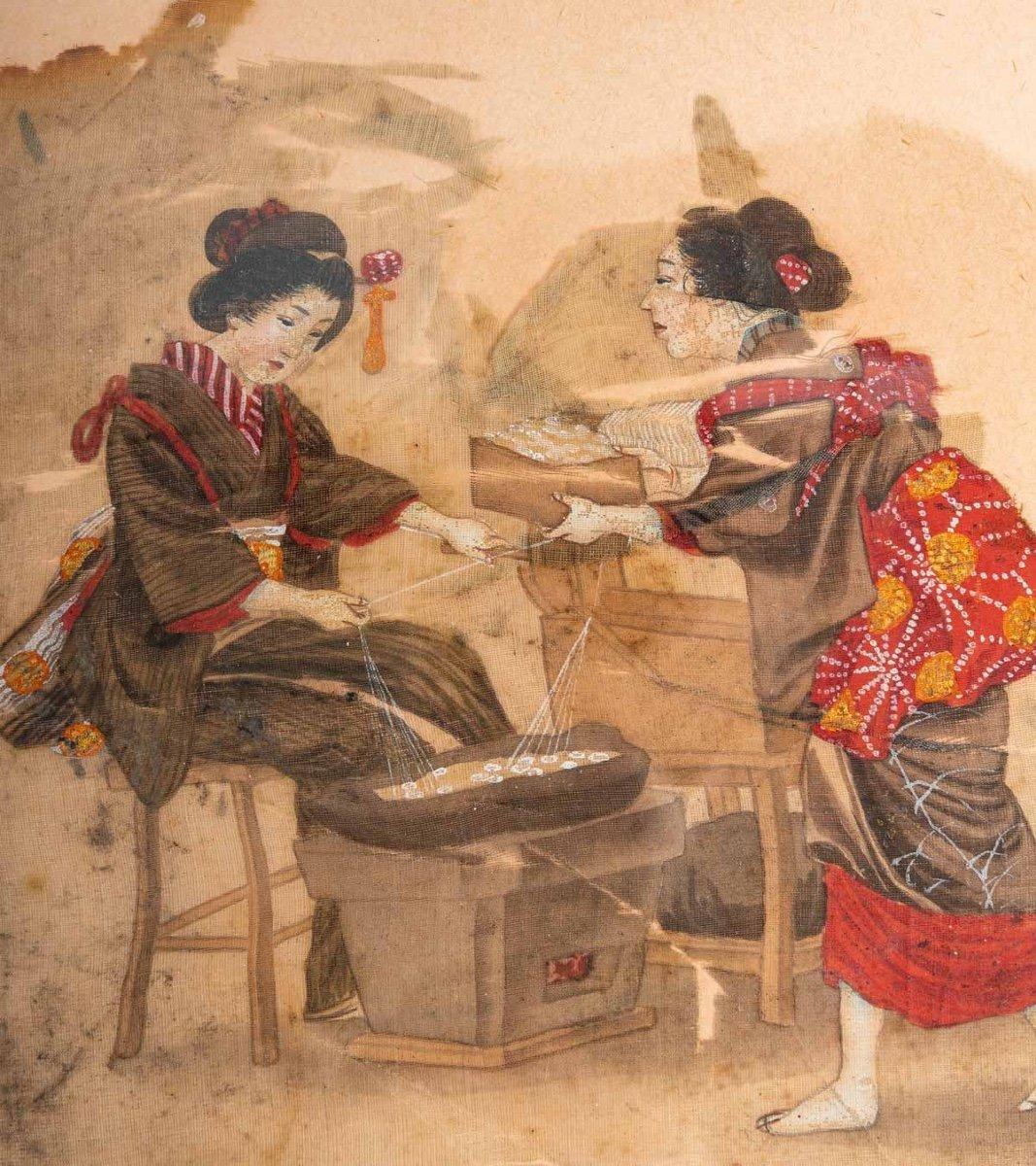 Quatre peintures en soie anciennes, Japon, 18ème siècle 2