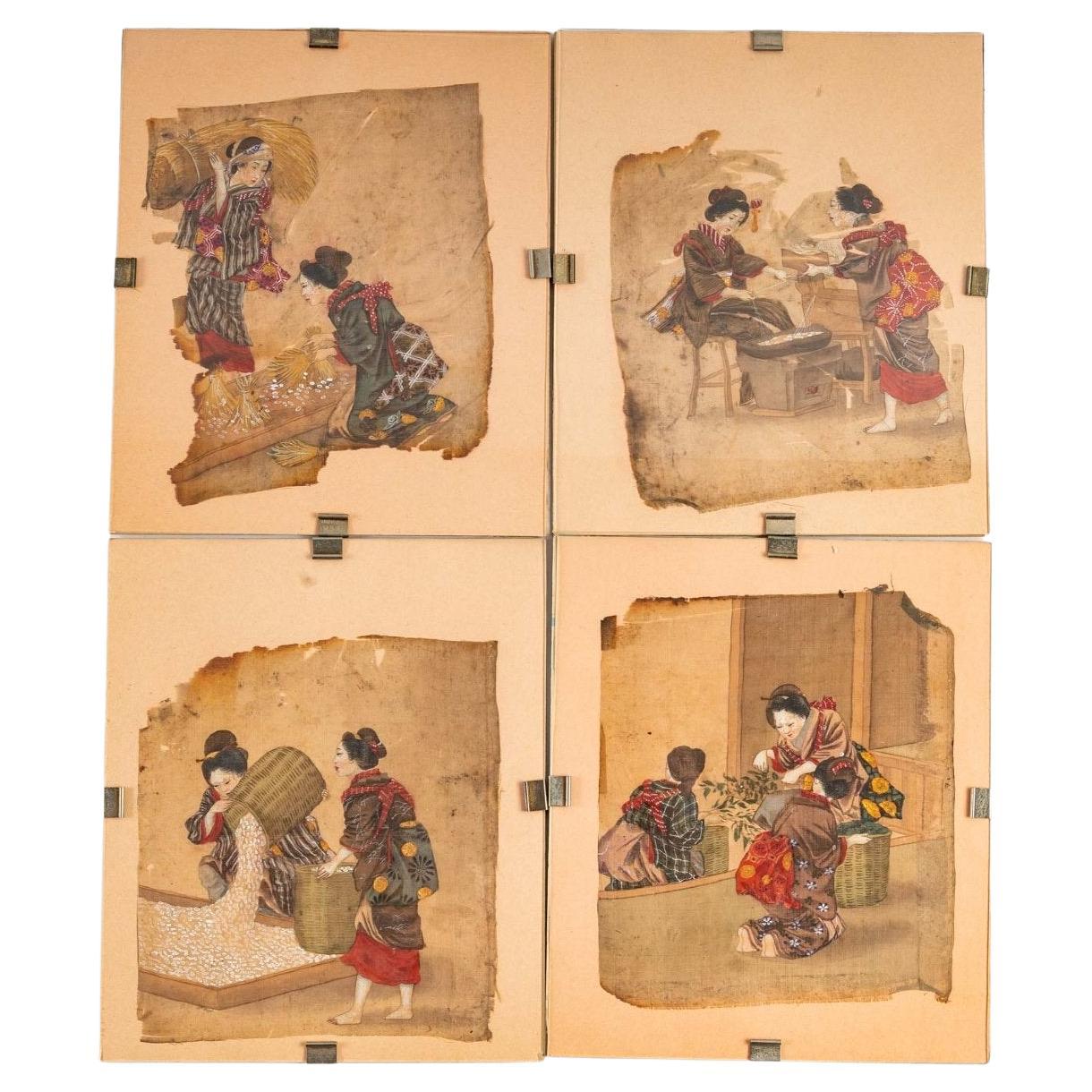 Quatre peintures en soie anciennes, Japon, 18ème siècle