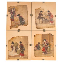 Four Antique Silk Paintings, Japan, 18th Century