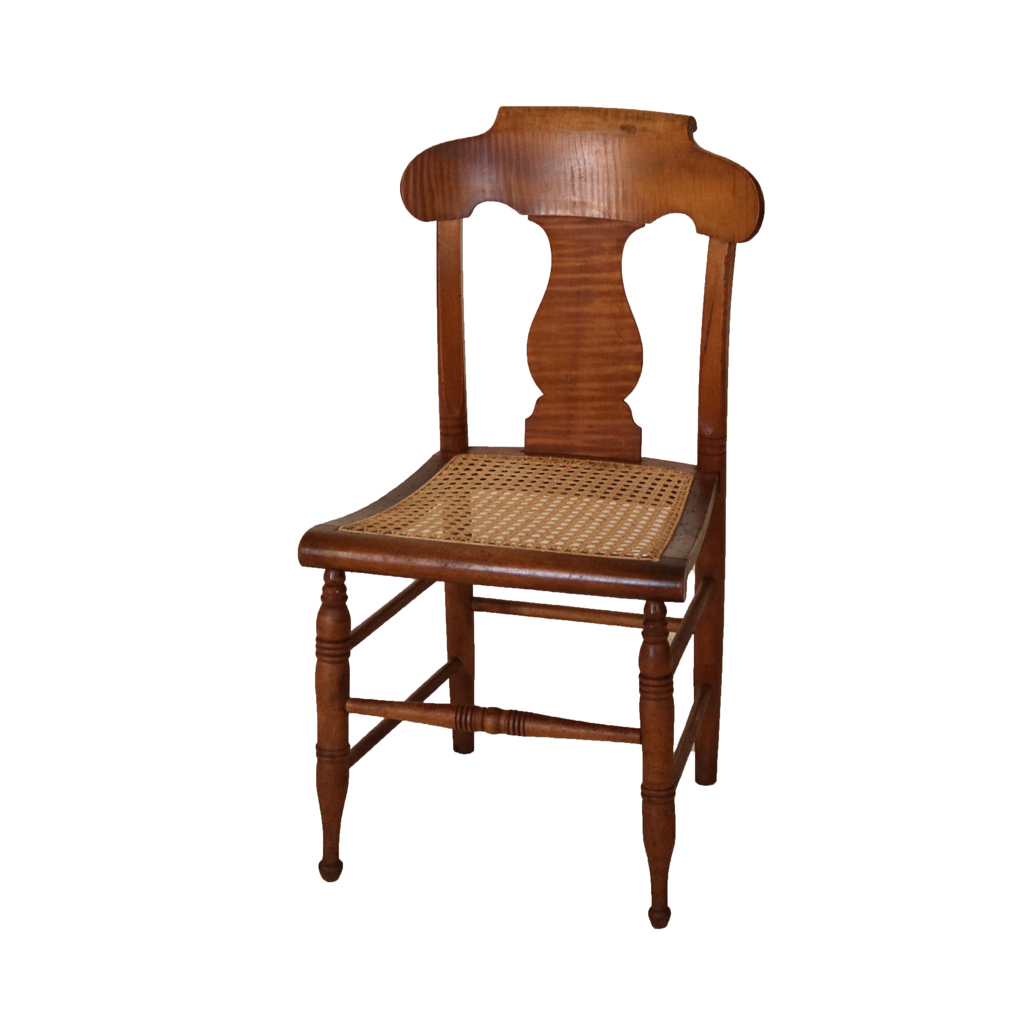 19th Century Four Antique Smith Ely, NY Tiger Maple & Cane Seat Dining Chairs C1870