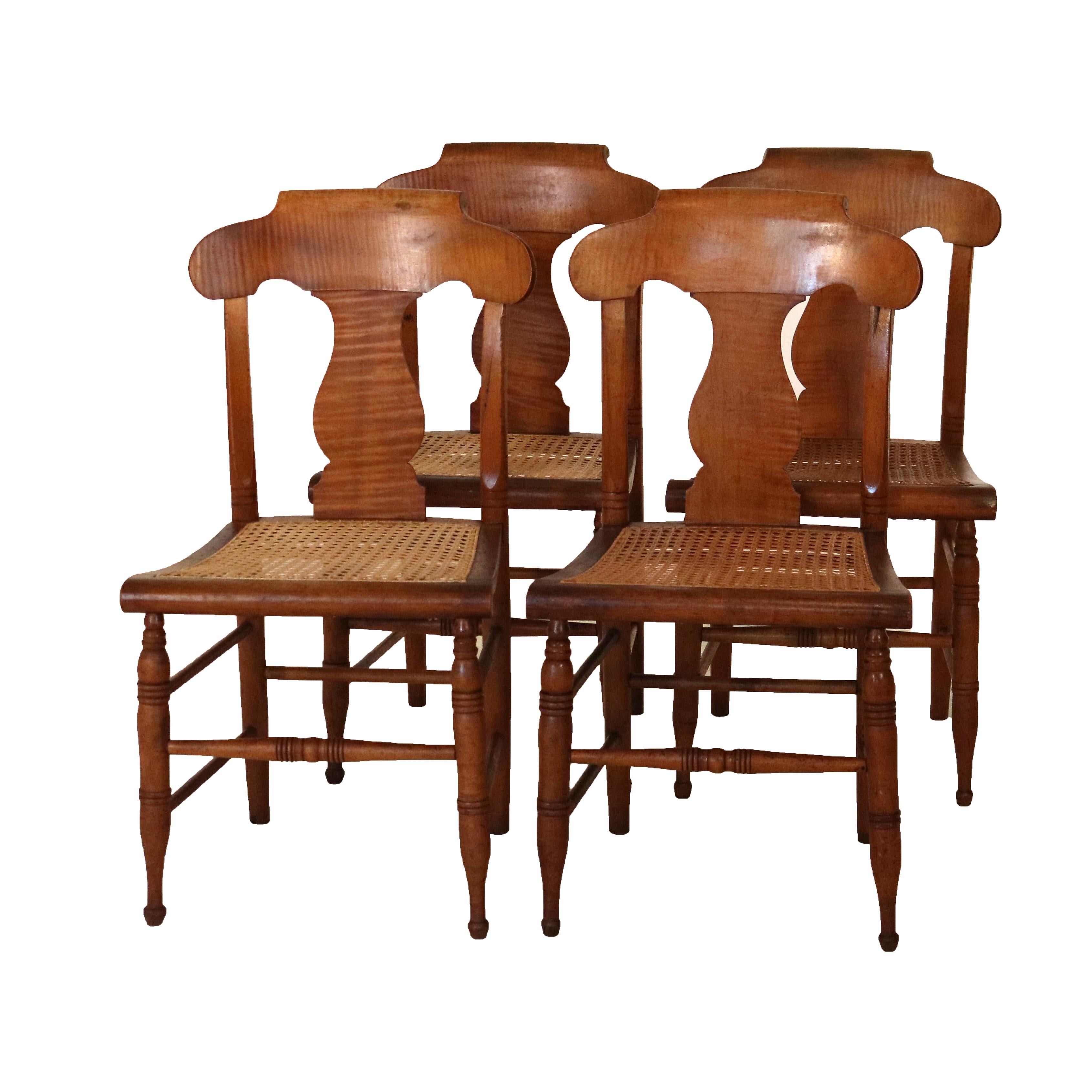 Four Antique Smith Ely, NY Tiger Maple & Cane Seat Dining Chairs C1870 4