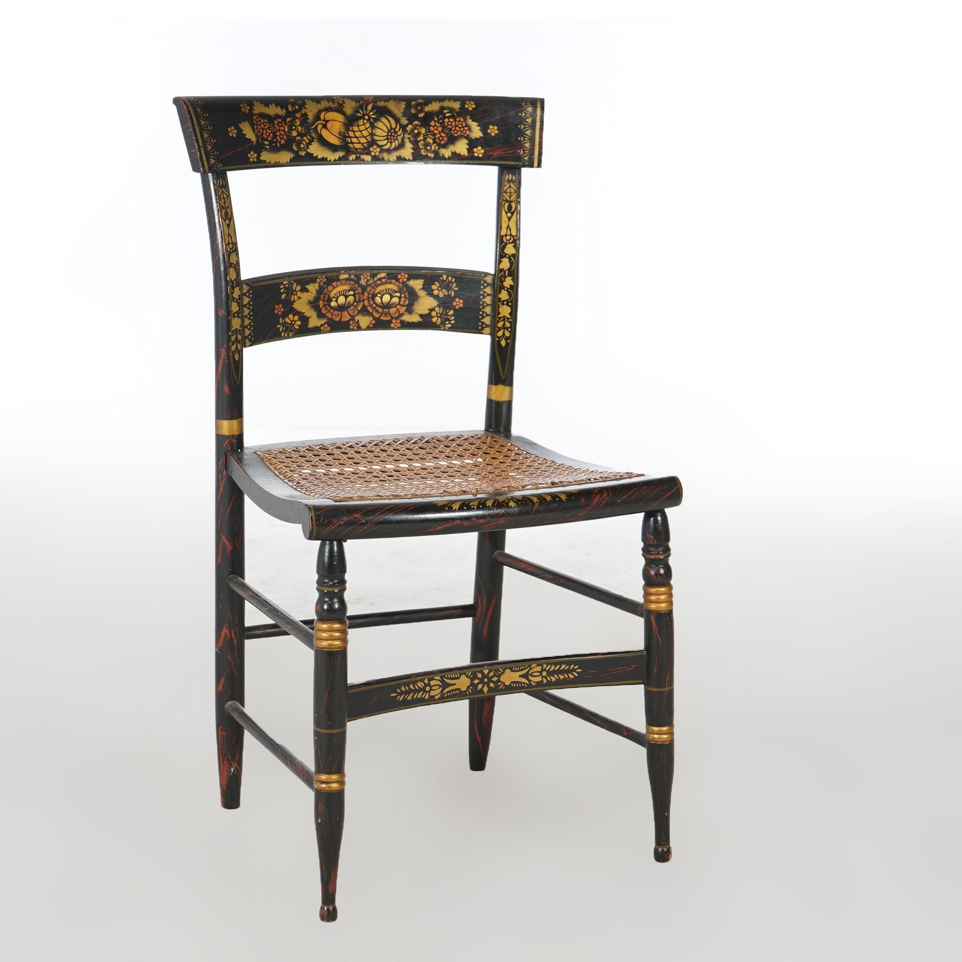 An antique set of four Hitchcock style dining chairs by Walter Smith offer gilt decorated ebonized wood construction with caned seats, signed Walter Smith, c1900

Measure - 33.5