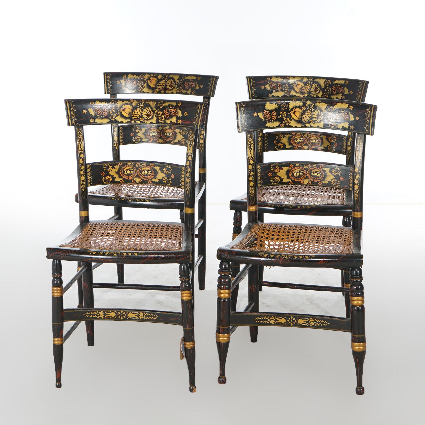 Ebonized Four Antique Stenciled Hitchcock Style Side Chairs Signed Walter Smith, 19th C For Sale