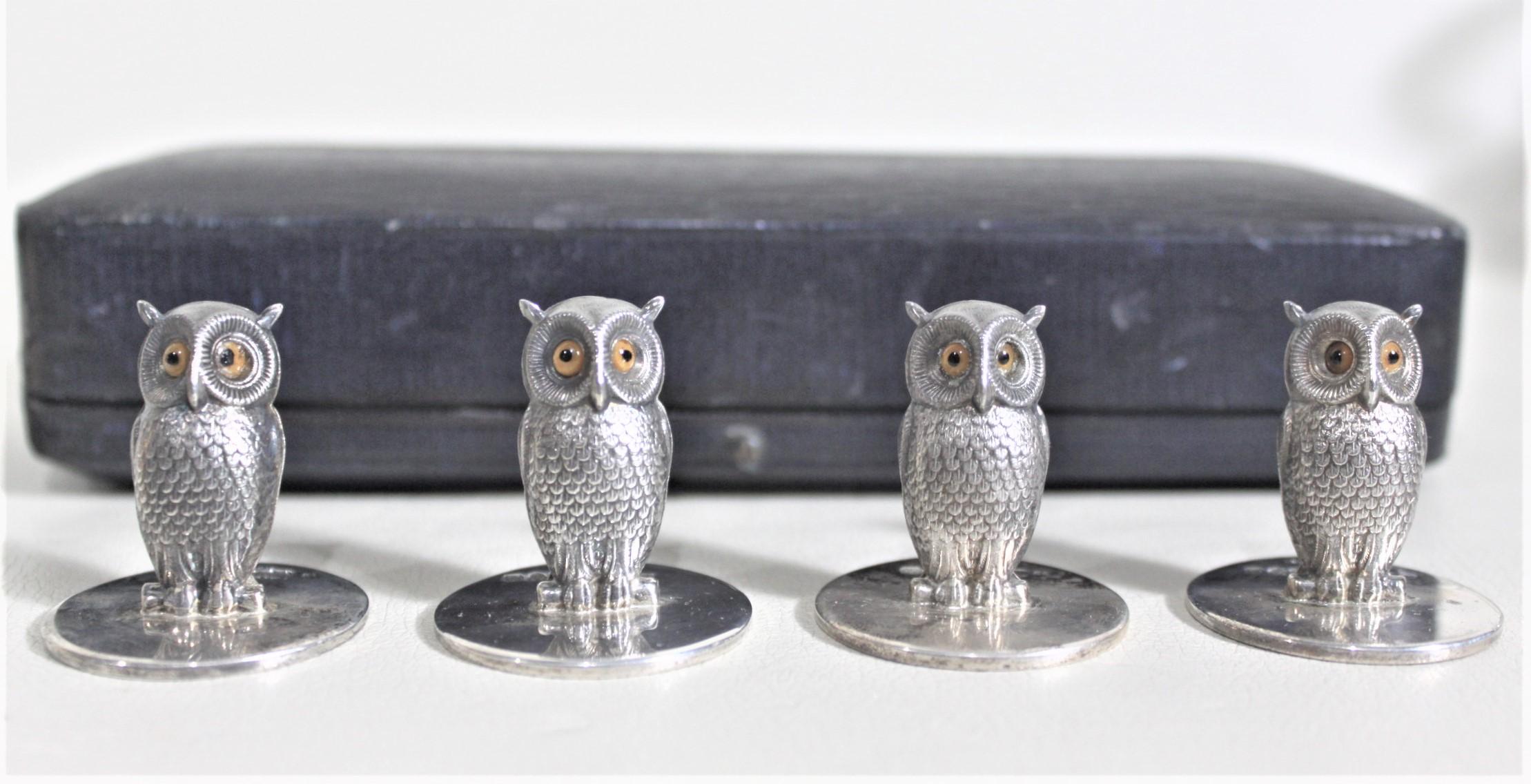 Four Antique Sterling Silver Figural Owl Place Card or Menu Holder Set with Box 6