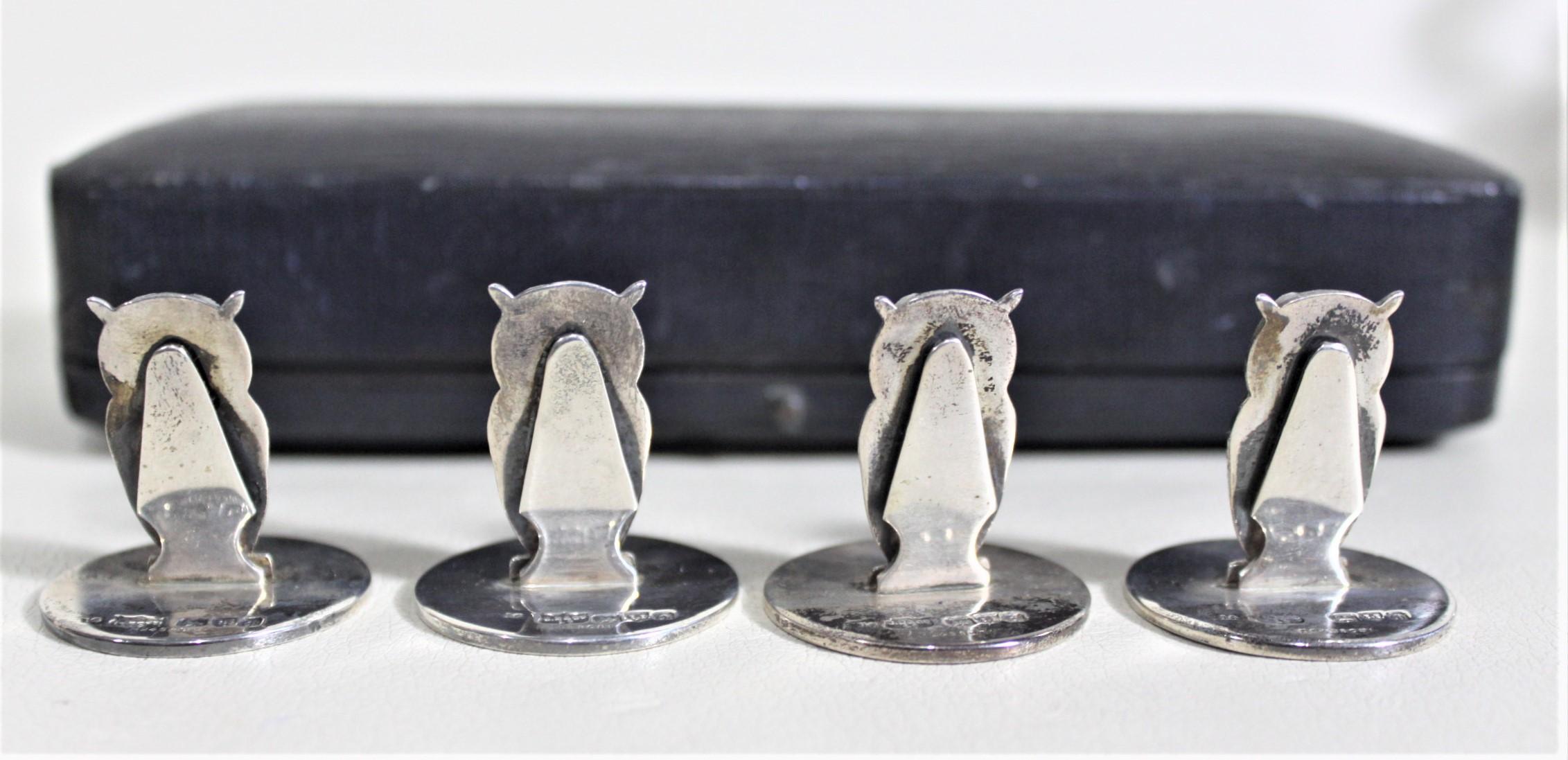 English Four Antique Sterling Silver Figural Owl Place Card or Menu Holder Set with Box
