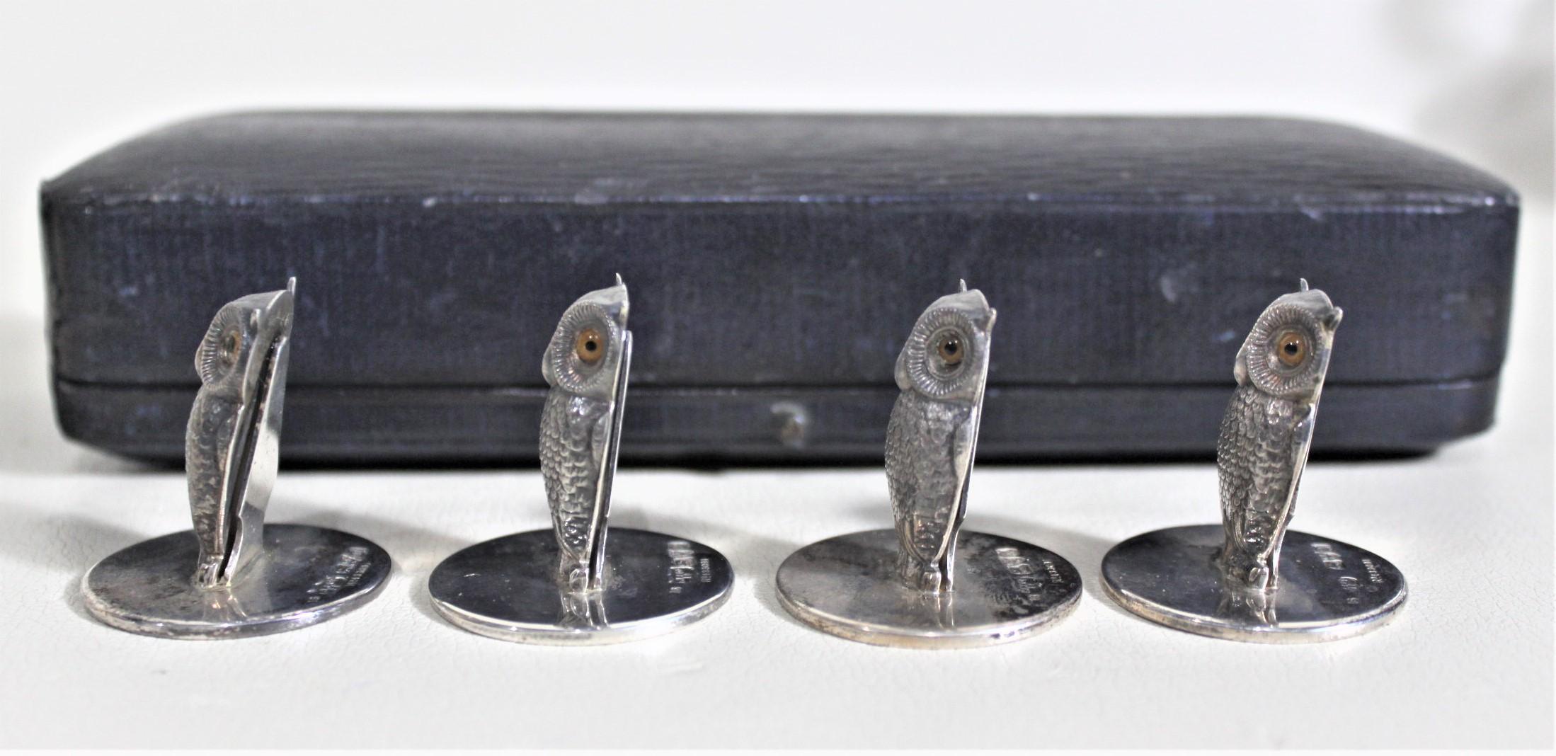 Hand-Crafted Four Antique Sterling Silver Figural Owl Place Card or Menu Holder Set with Box