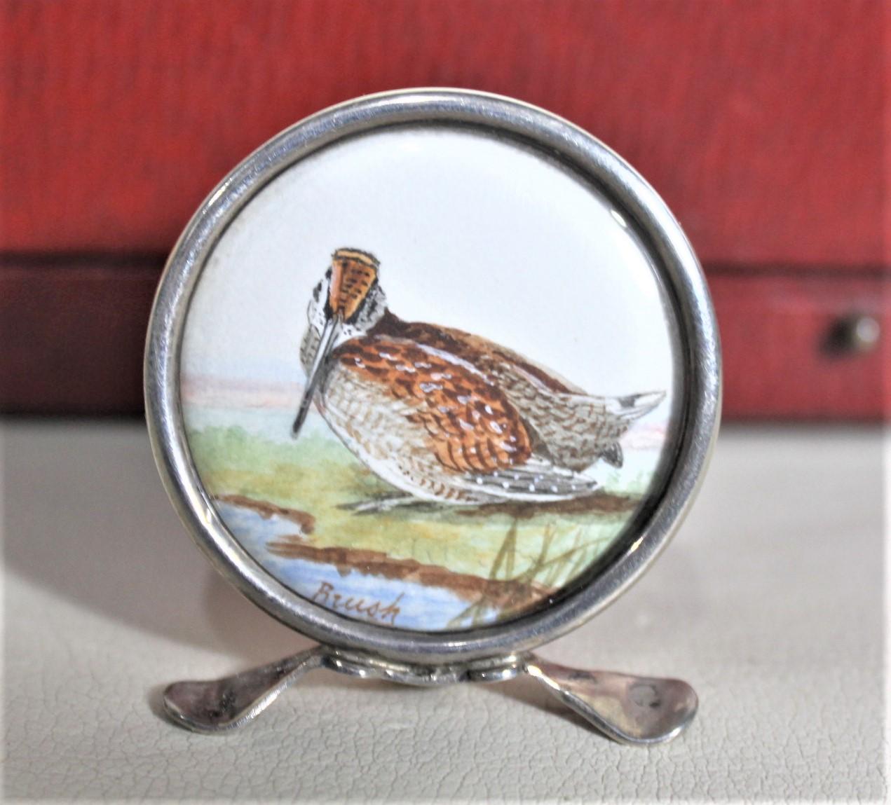 Four Antique Sterling Silver Place Card or Menu Holders with Hand-Painted Birds 3