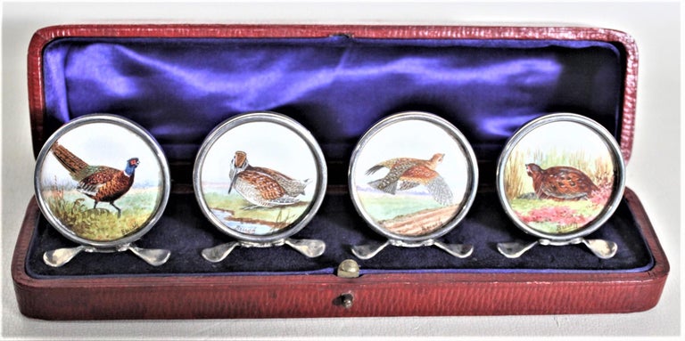 Edwardian Four Antique Sterling Silver Place Card or Menu Holders with Hand-Painted Birds For Sale