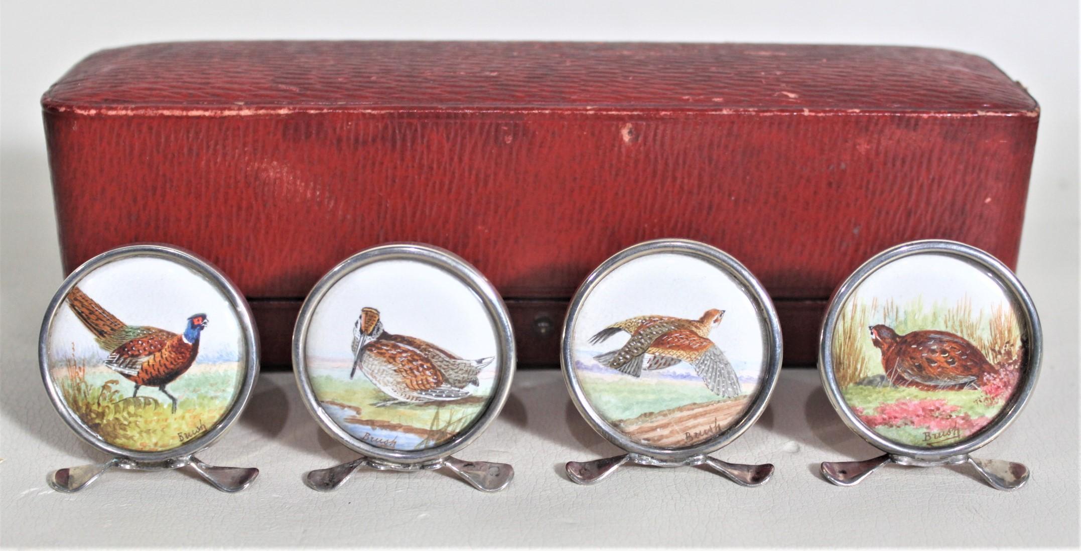 Edwardian Four Antique Sterling Silver Place Card or Menu Holders with Hand-Painted Birds