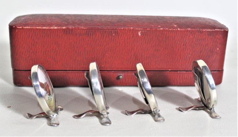 Four Antique Sterling Silver Place Card or Menu Holders with Hand-Painted Birds In Good Condition For Sale In Hamilton, Ontario