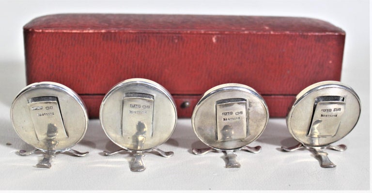 20th Century Four Antique Sterling Silver Place Card or Menu Holders with Hand-Painted Birds For Sale