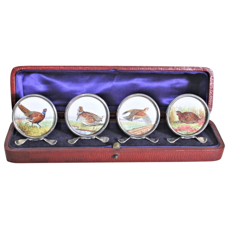Four Antique Sterling Silver Place Card or Menu Holders with Hand-Painted Birds For Sale