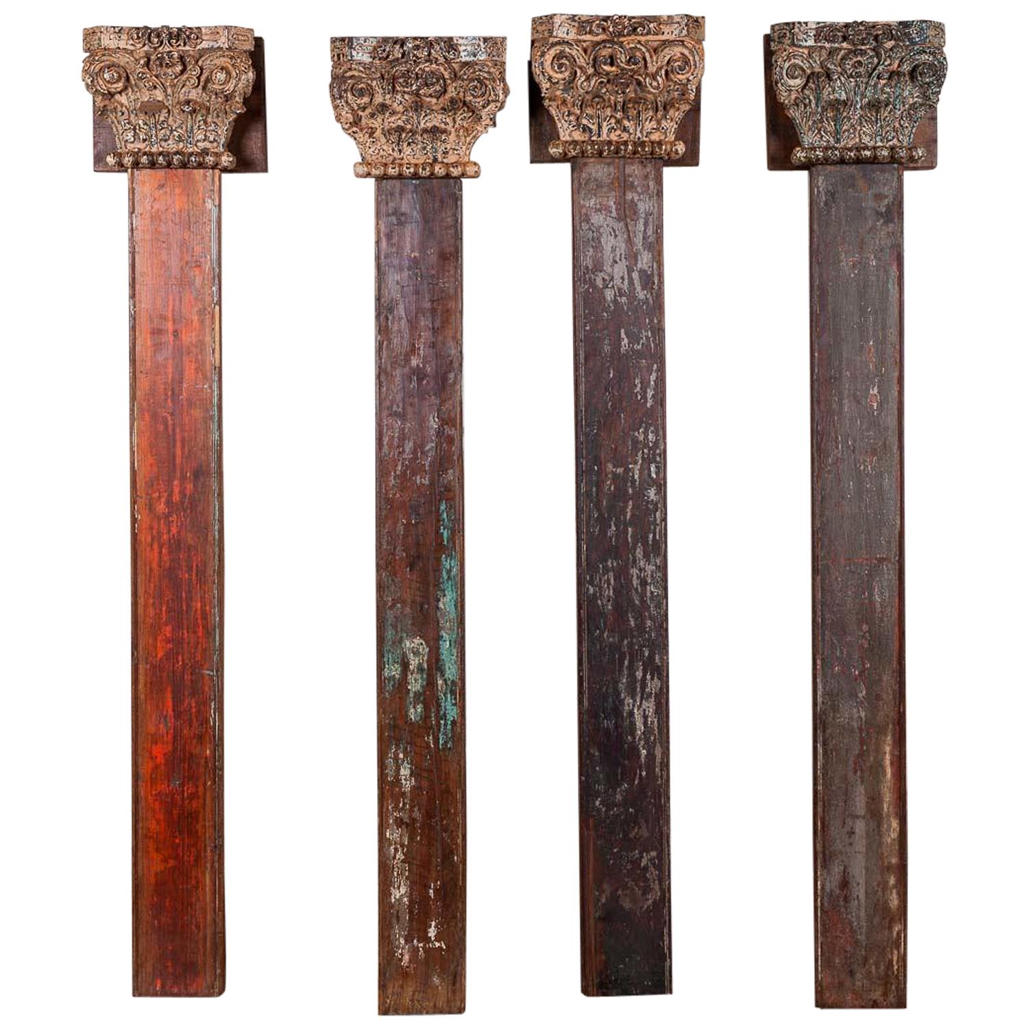 Four Antique Teak Pillars with Capitals, 20th Century For Sale