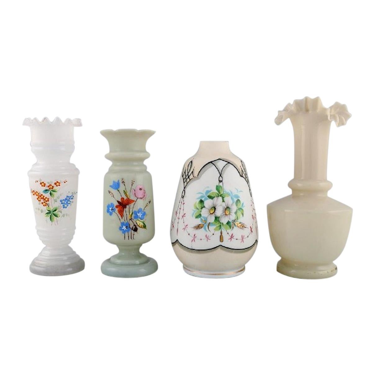 Four Antique Vases in Hand-Painted Mouth-Blown Opal Art Glass, Approx, 1900 For Sale