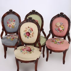 Four Antique Victorian Carved Walnut Floral Needlepoint Parlor Chairs c1890