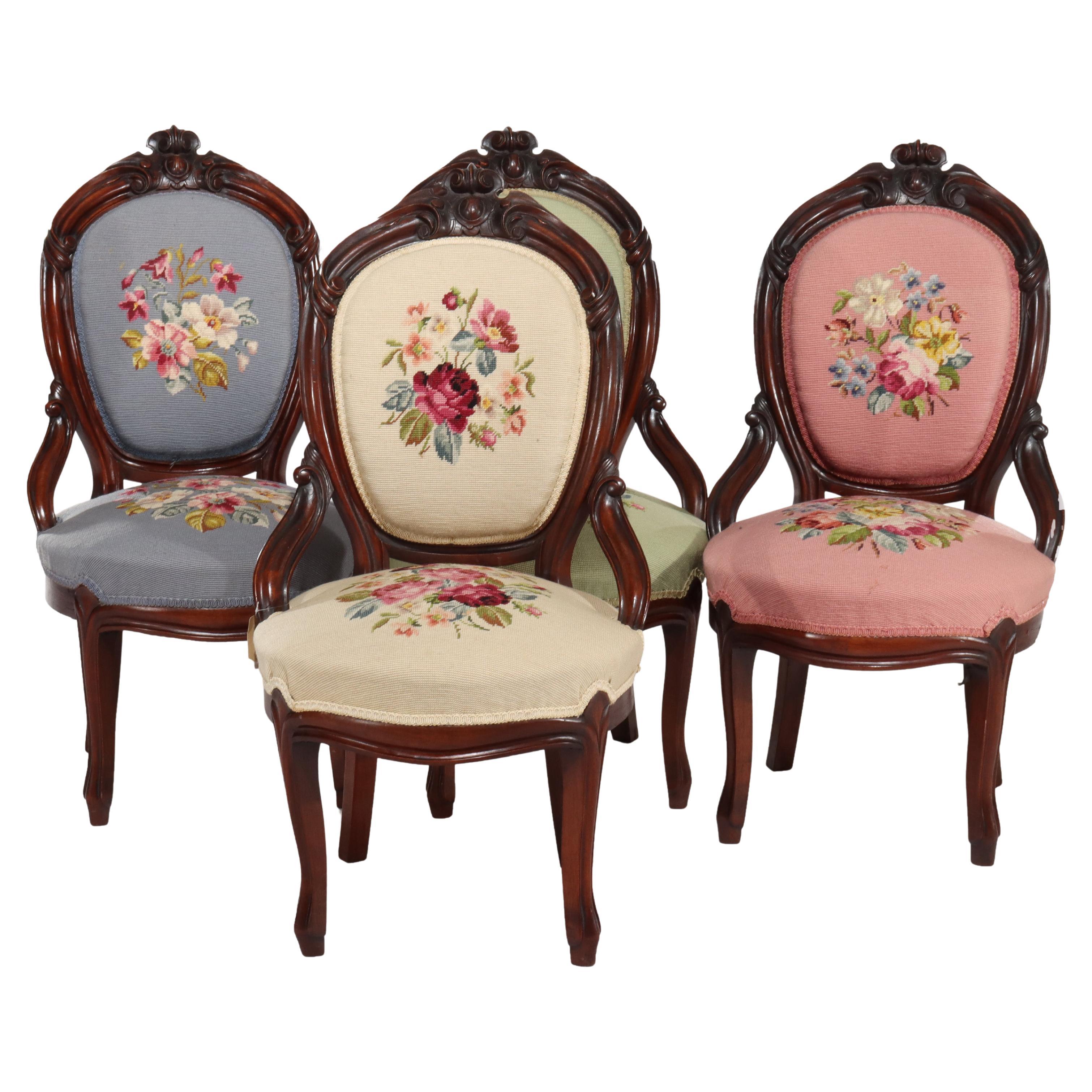 Four Antique Victorian Carved Walnut Floral Needlepoint Parlor Chairs c1890