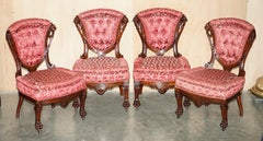 FOUR ANTIQUE VICTORIAN FLAMED HARDWOOD LION CARVED DiNING CHAIRS PART OF A SUITE