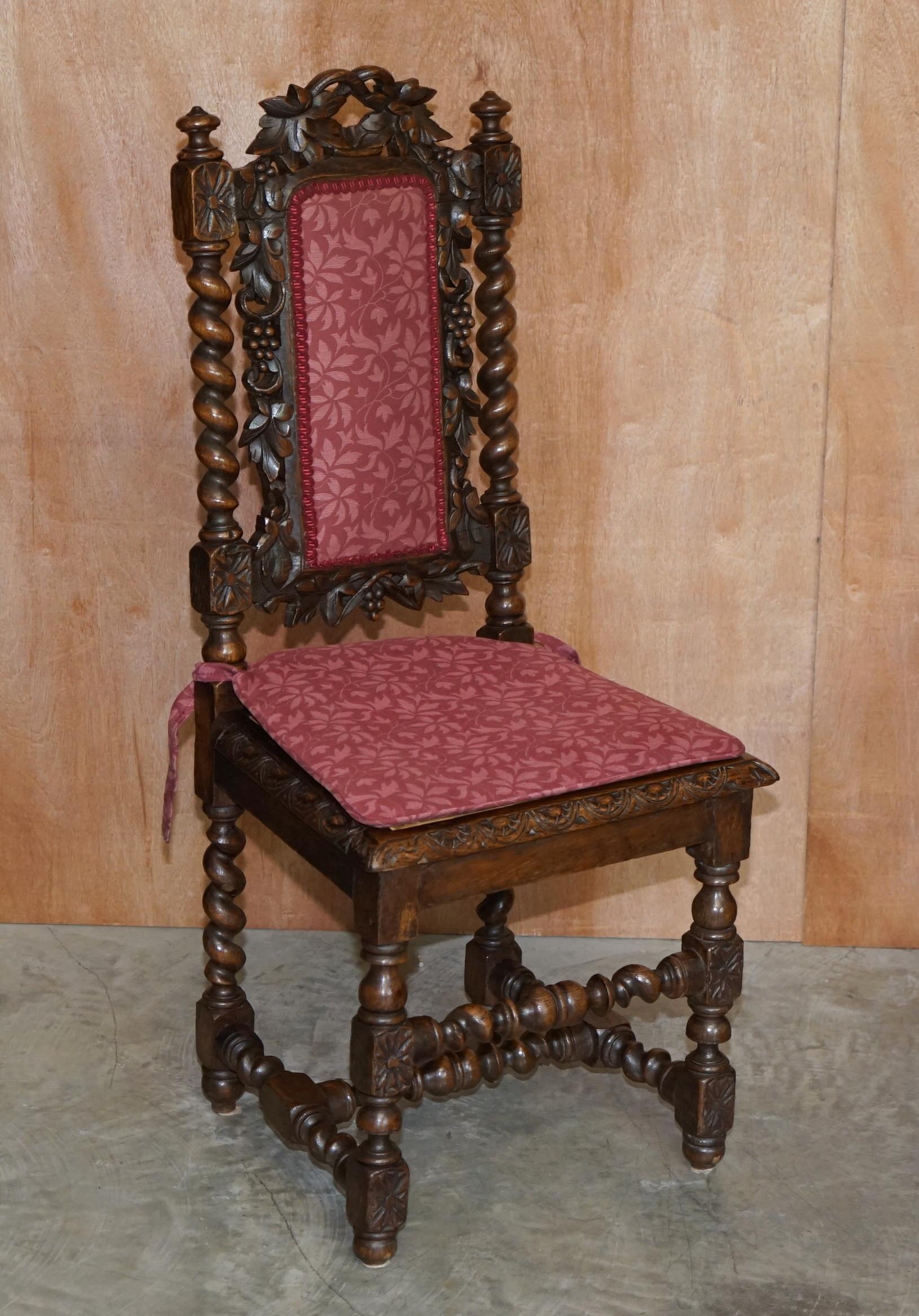 We are delighted to offer for sale this lovely suite of four Antique Victorian circa 1860-1880 hand carved English oak dining chairs with rattan seat bases and horse hair filled seat pad covers

A good looking, decorative and well made suite,