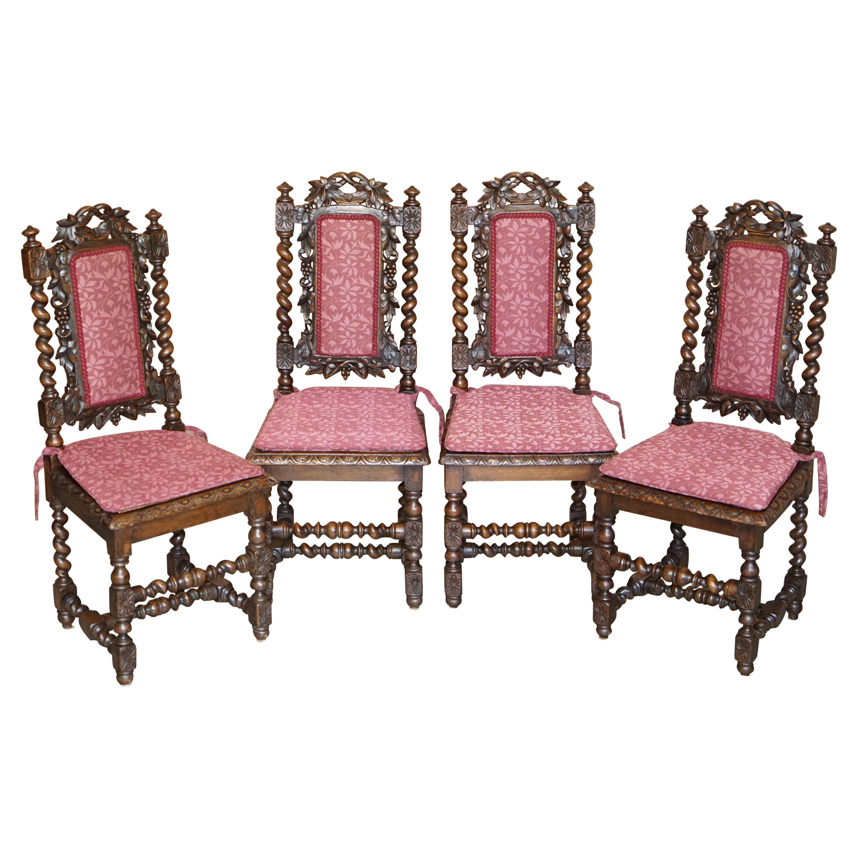 Four Antique Victorian Jacobean English Oak circa 1860 Carved Dining Chairs 4