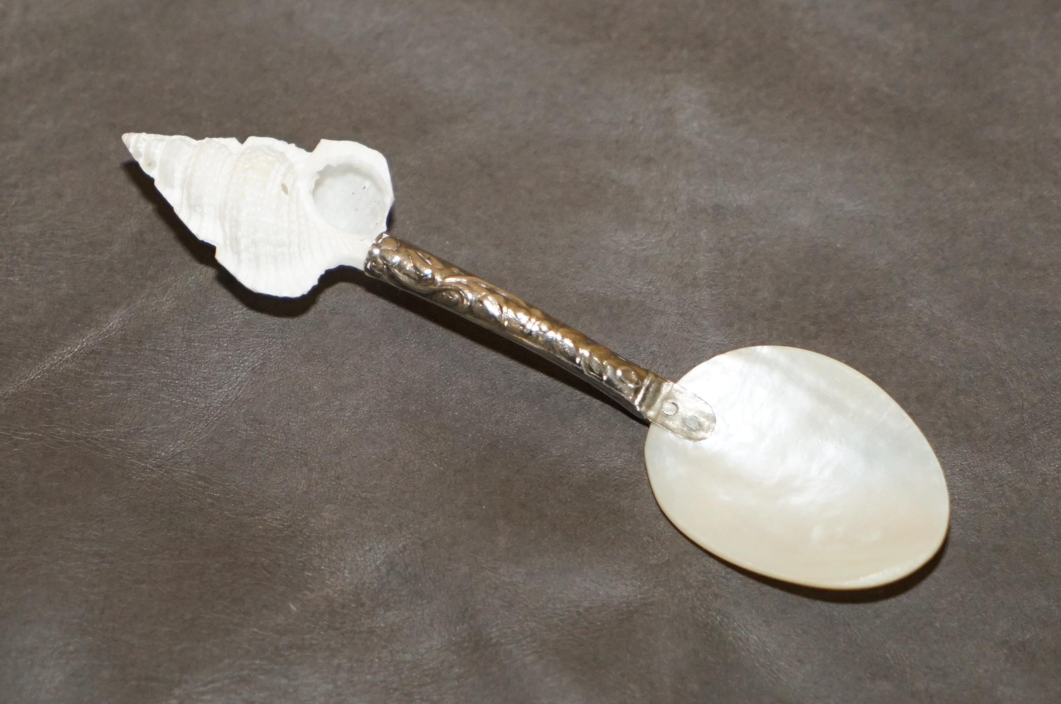 OUR MOUR ViCtorian MOTHER OF PEARL & STERLING SILVER TESTED SHELL TEA SPOONS en vente 5