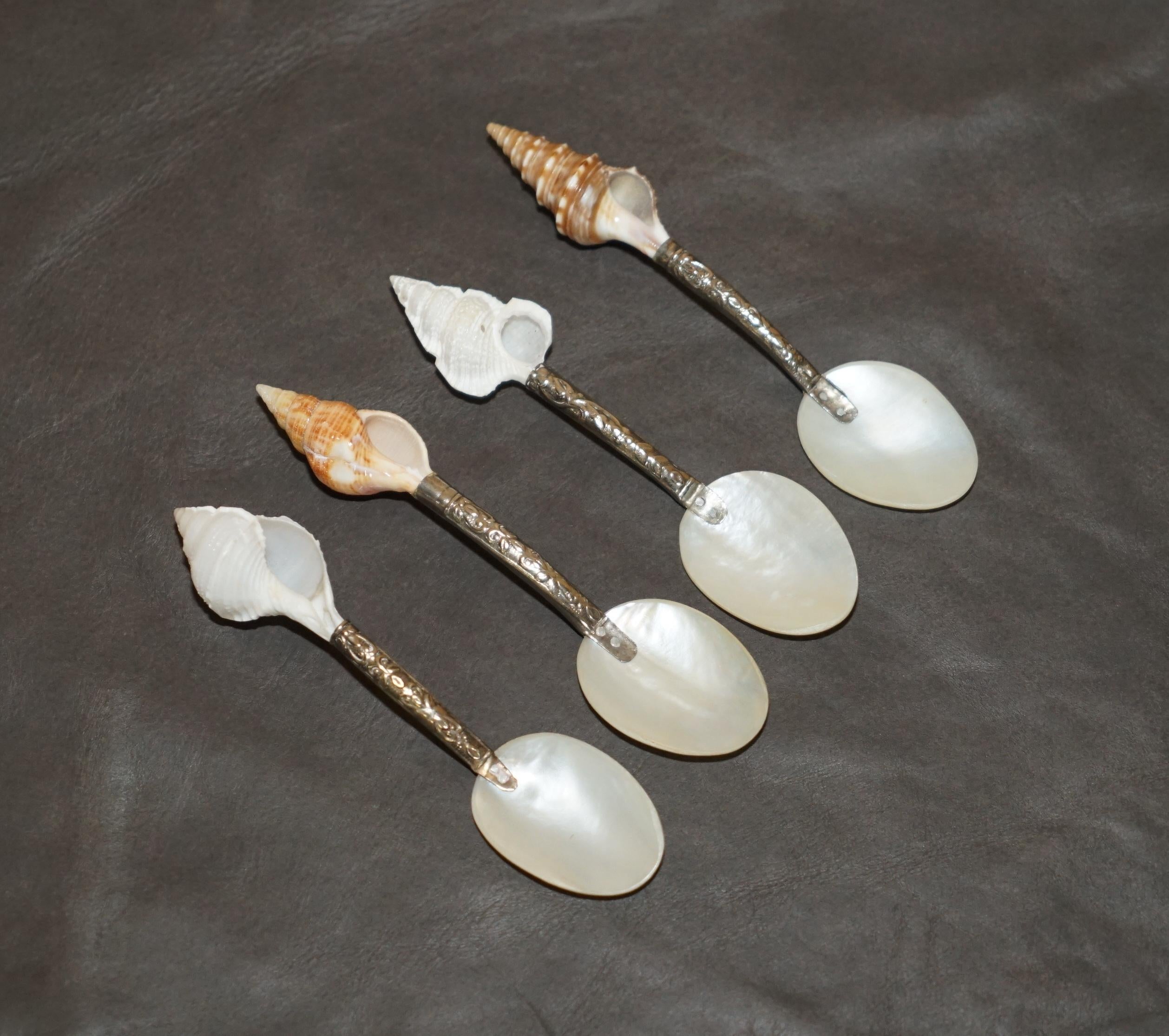 Royal House Antiques

Royal House Antiques is delighted to offer for sale this stunning suite of four mother of pearl sterling silver tested shell tea spoons

A good looking well made and decorative suite of four spoons, they have been tested (not