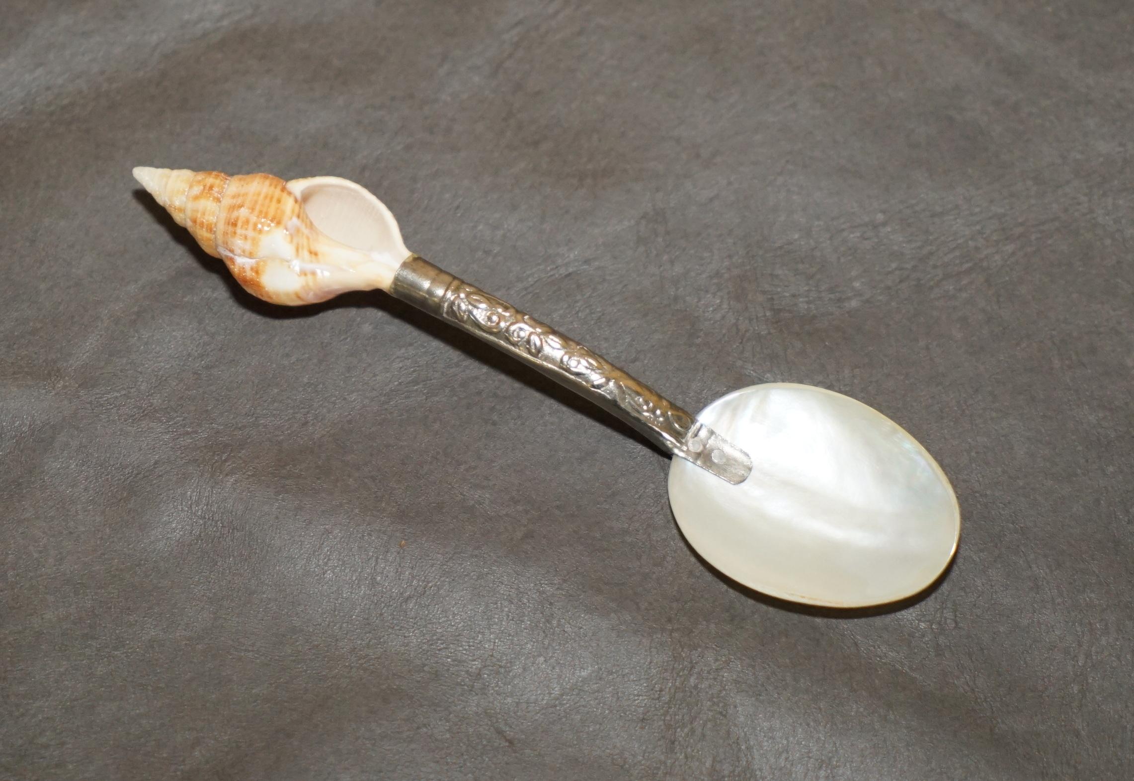 OUR MOUR ViCtorian MOTHER OF PEARL & STERLING SILVER TESTED SHELL TEA SPOONS en vente 1
