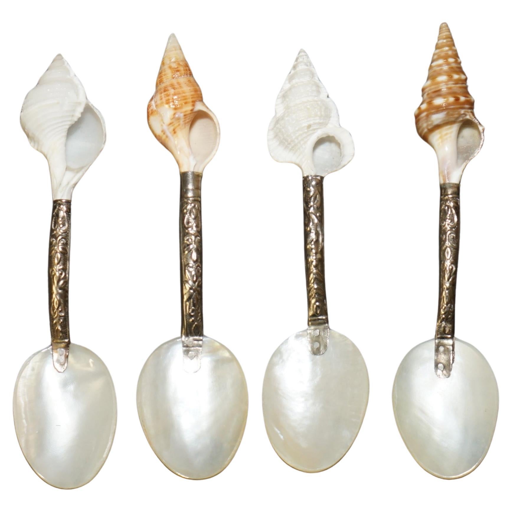 FOUR ANTIQUE ViCTORIAN MOTHER OF PEARL & STERLING SILVER TESTED SHELL TEA SPOONS For Sale