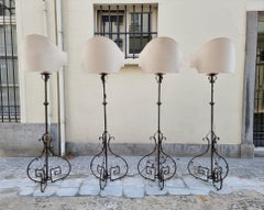 Four Antique Wrought Iron Art Deco Castle Monastery Floor Lamps or Candlestick