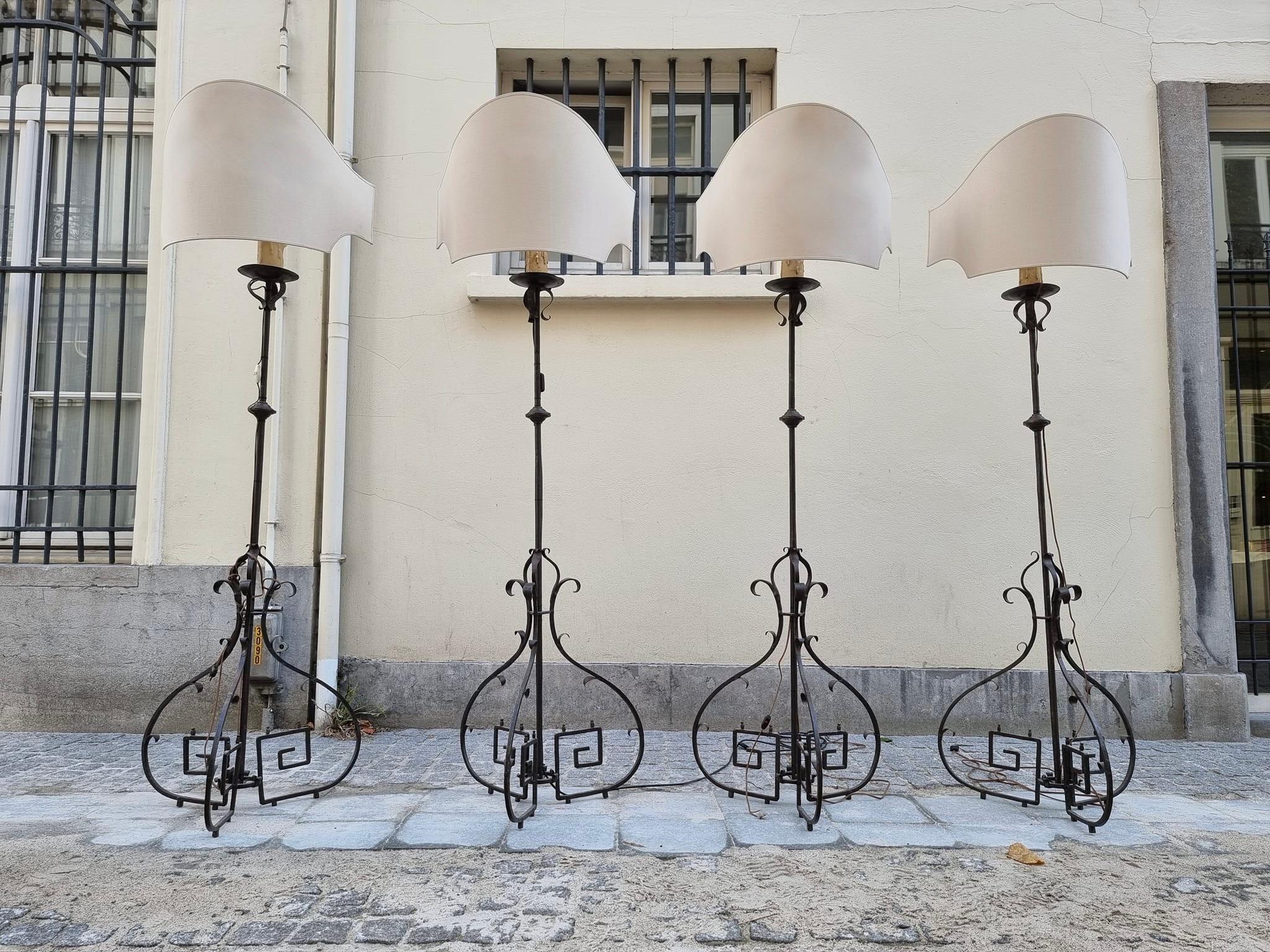 French Four Antique Wrought Iron Art Deco Castle Monastery Floor Lamps or Candlestick For Sale