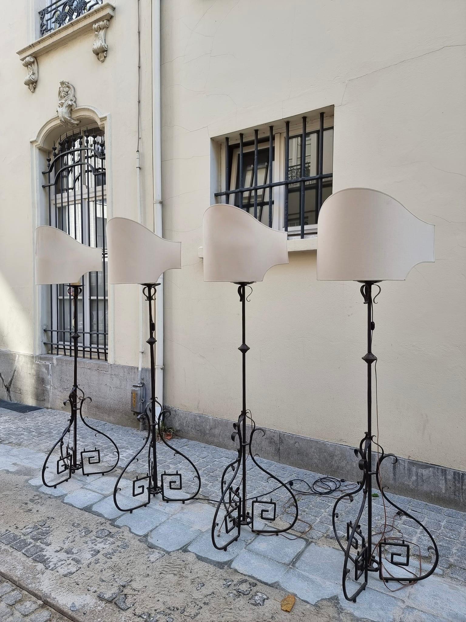 Forged Four Antique Wrought Iron Art Deco Castle Monastery Floor Lamps or Candlestick For Sale