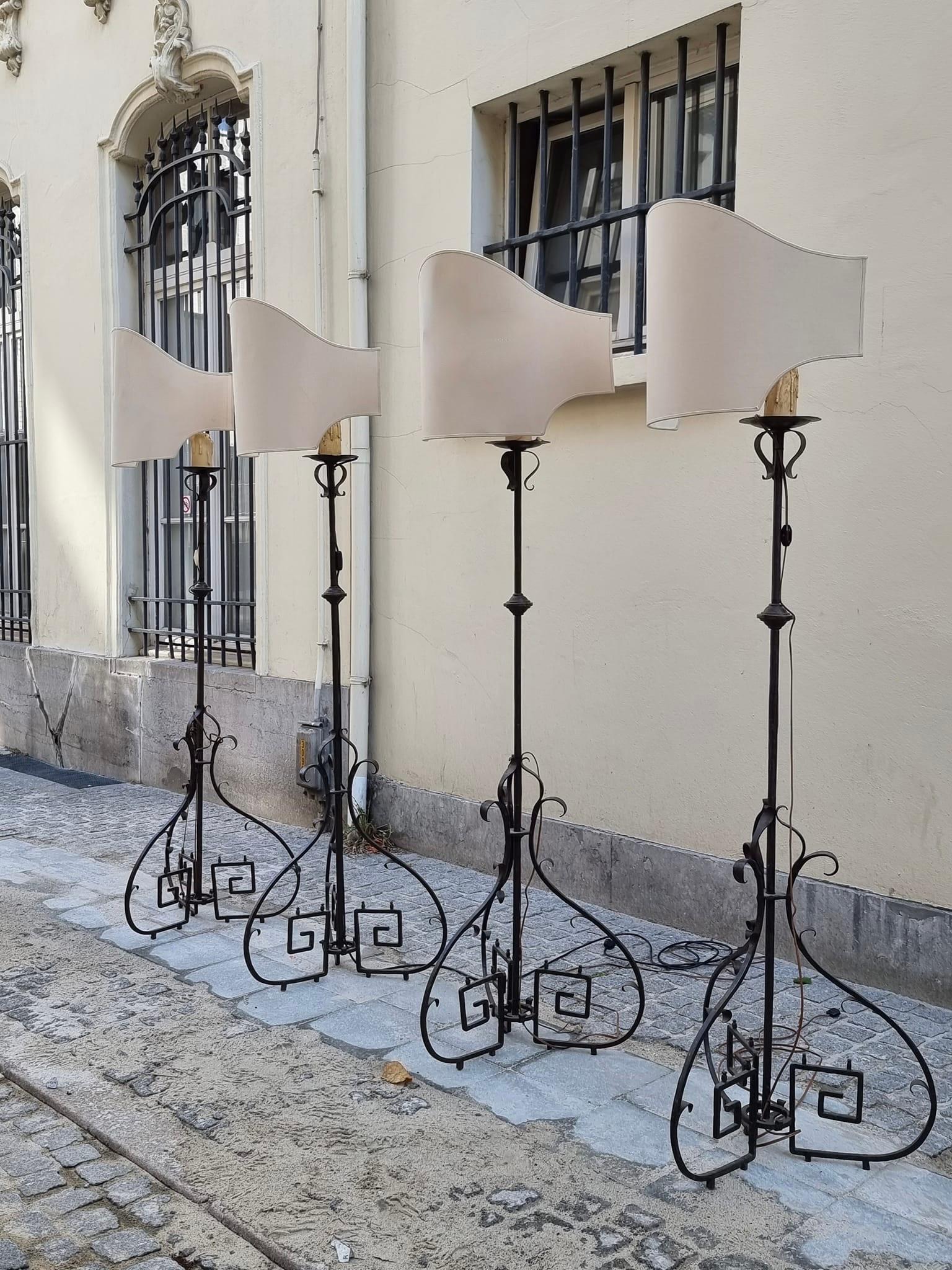 Early 20th Century Four Antique Wrought Iron Art Deco Castle Monastery Floor Lamps or Candlestick For Sale