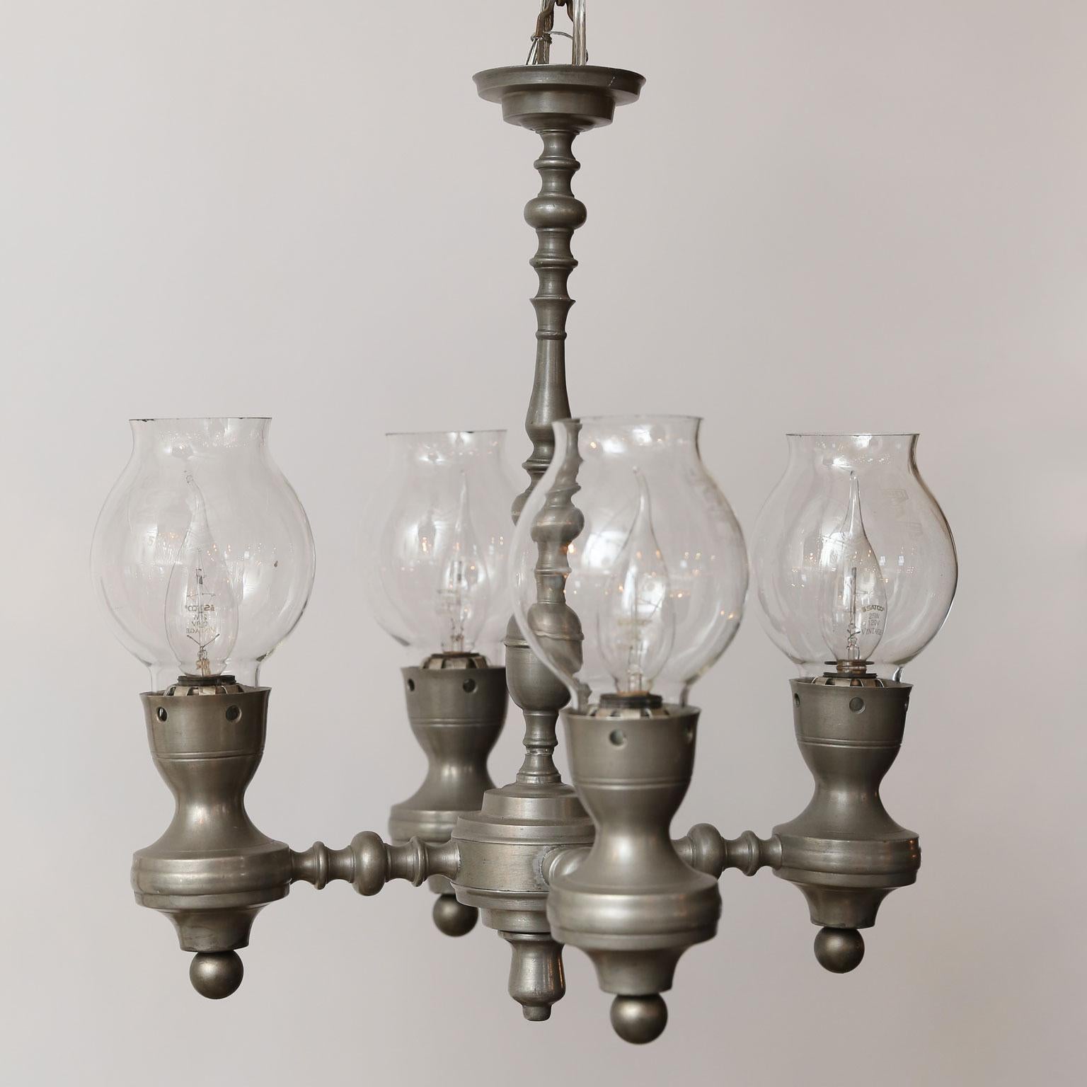 American Colonial Unusual Pewter Chandelier with Glass hurricanes in Country Style. For Sale