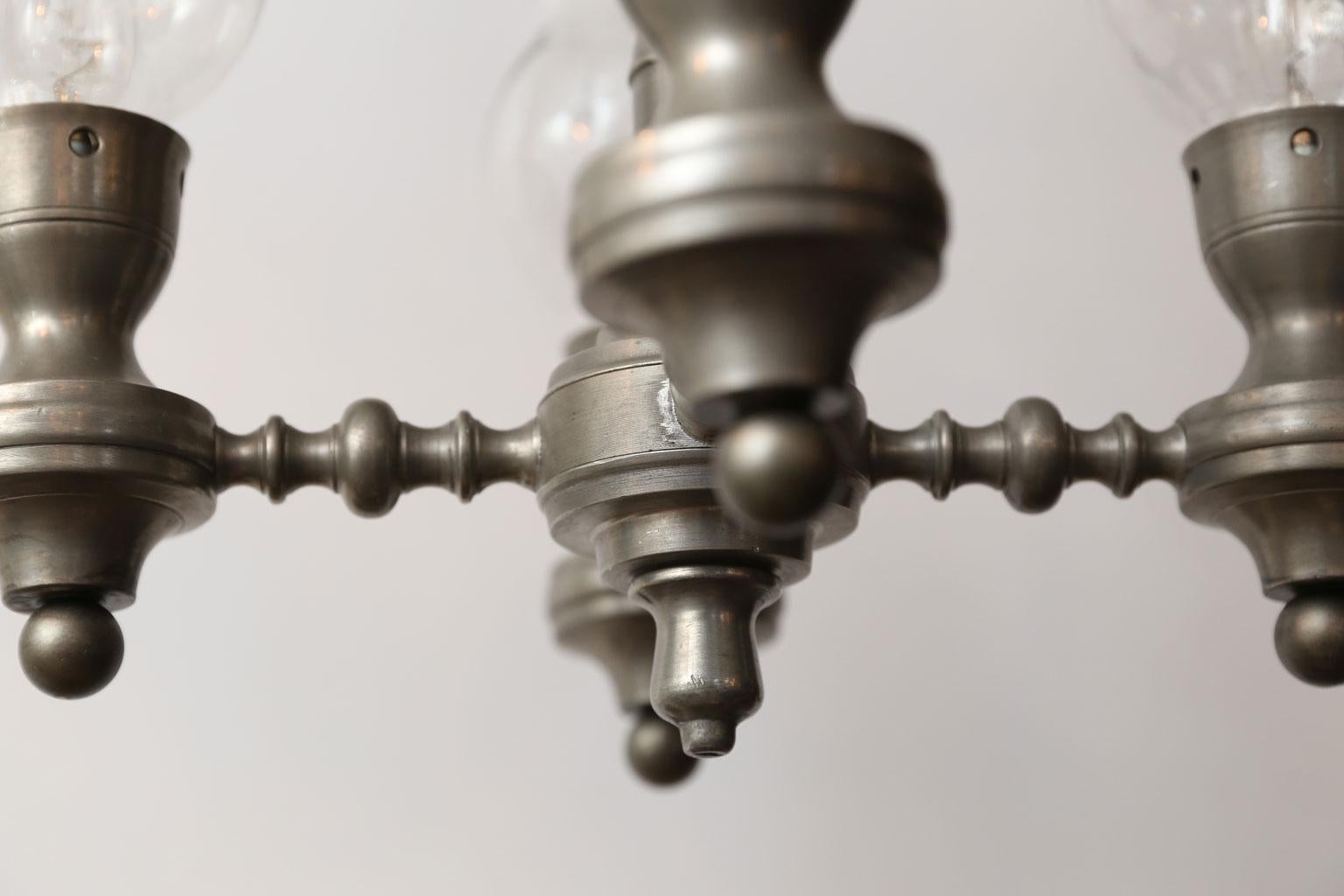 Mid-20th Century Unusual Pewter Chandelier with Glass hurricanes in Country Style. For Sale