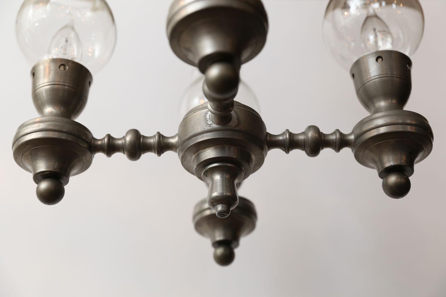 Unusual Pewter Chandelier with Glass hurricanes in Country Style. For Sale 1